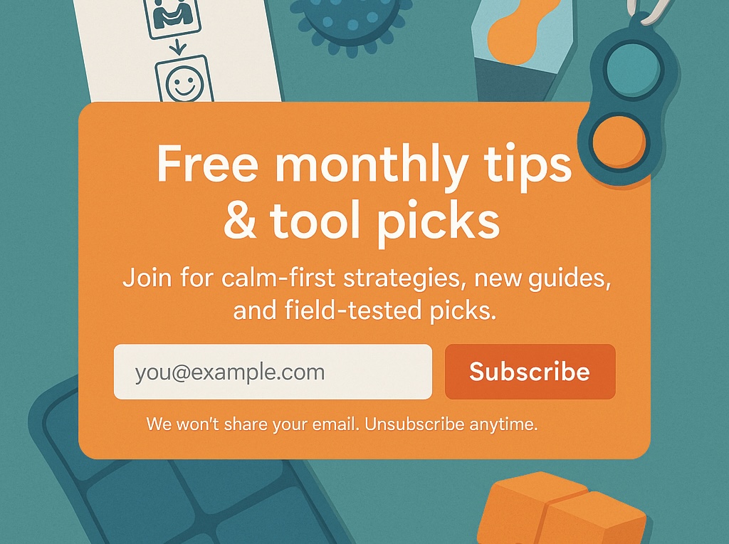 Flat lay of sensory tools in calming teal and orange theme for newsletter signup