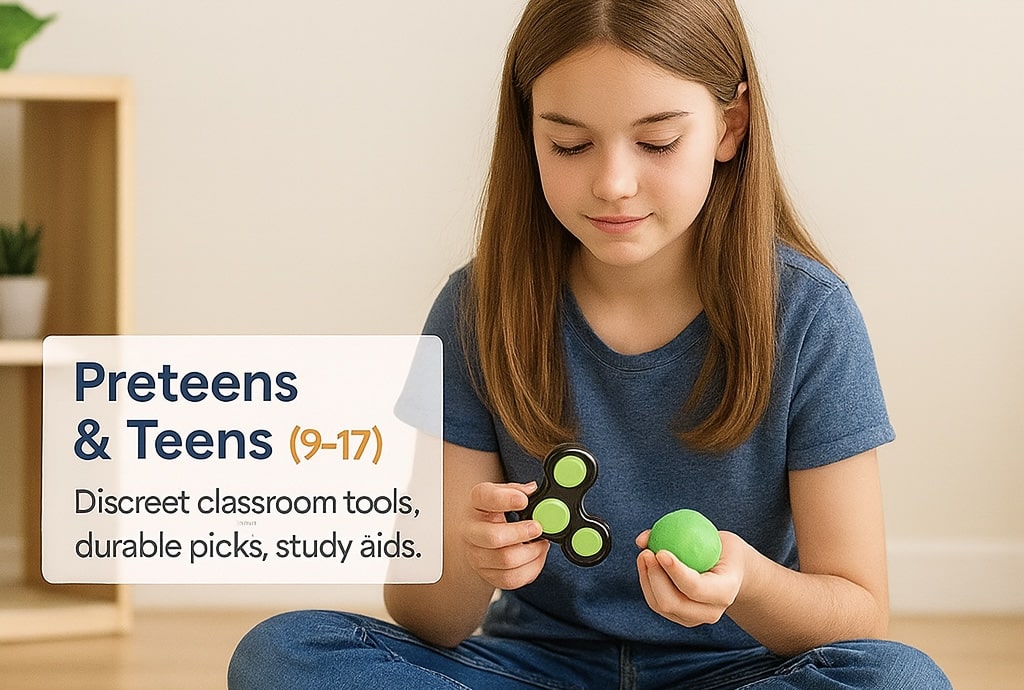 Preteen/teen using discreet sensory tools for study and classroom