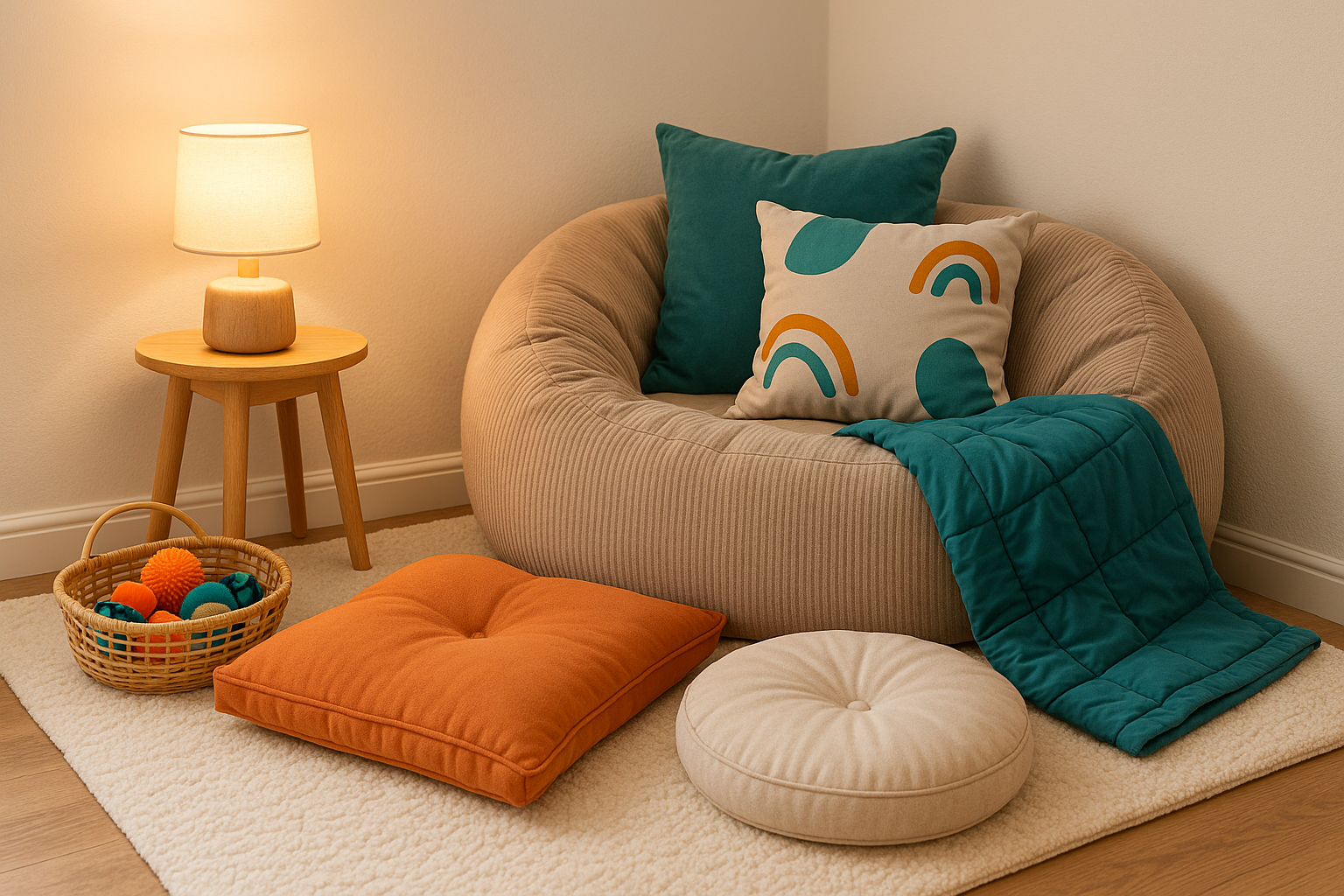 Cozy calm-down corner with soft lighting, cushions, and sensory tools