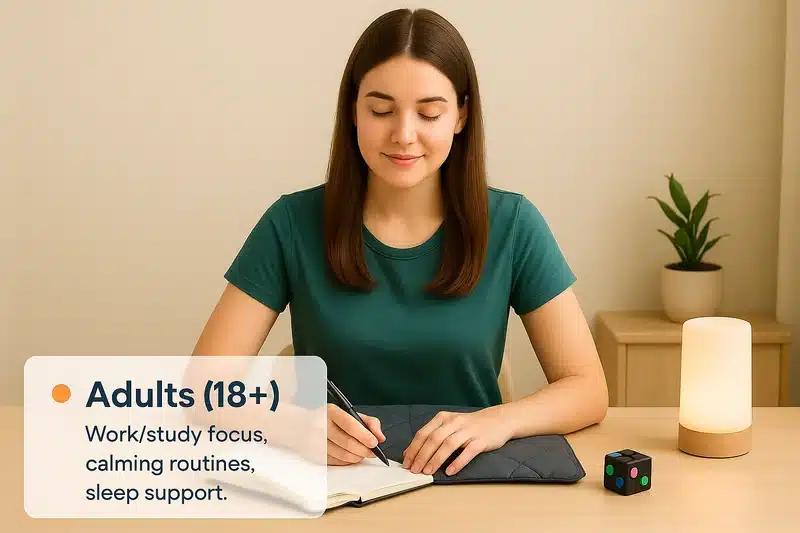 Adult work/study setup with calming sensory supports