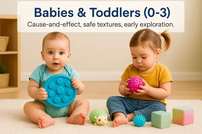 Babies & toddlers exploring safe textures and cause-and-effect toys