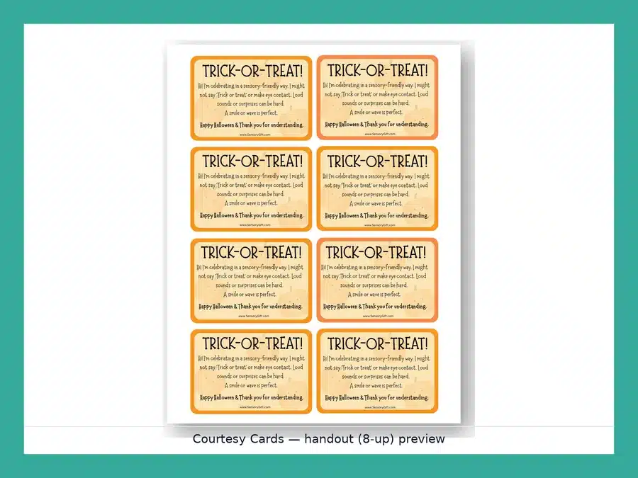 Preview: Trick-or-Treat Courtesy Cards (kid-voiced & inclusive, single and 10-up)
