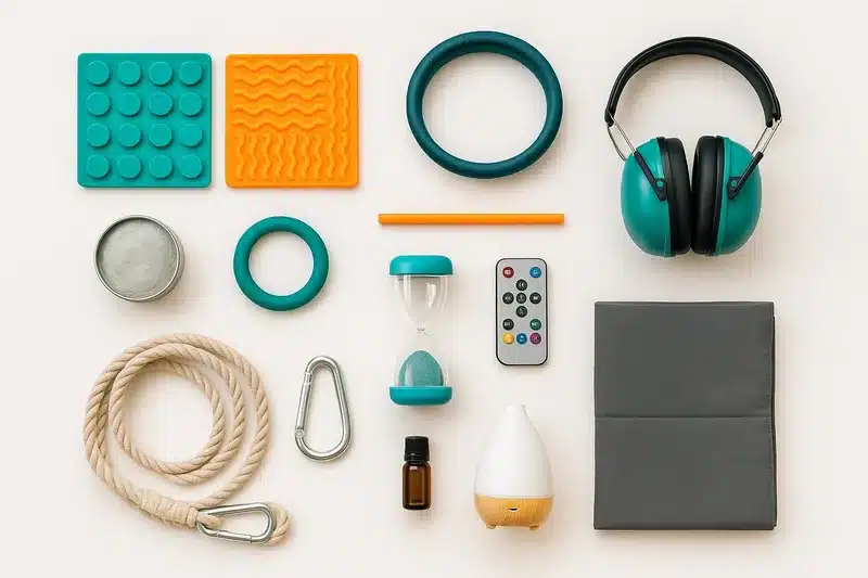 Flat lay of sensory tools illustrating the seven sensory inputs