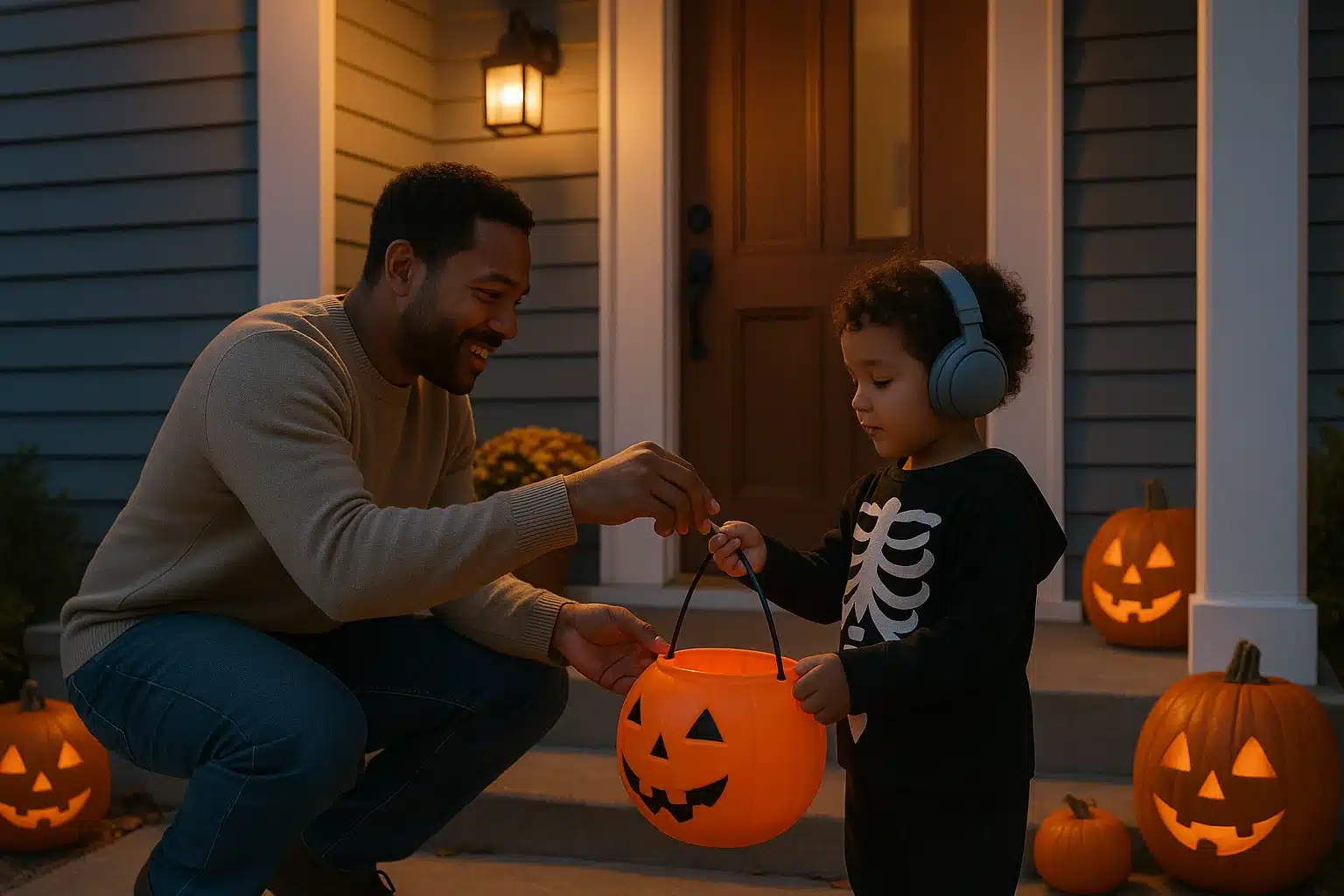 Parent and child trick-or-treating calmly on a well-lit porch; sensory-friendly moment with headphones visible