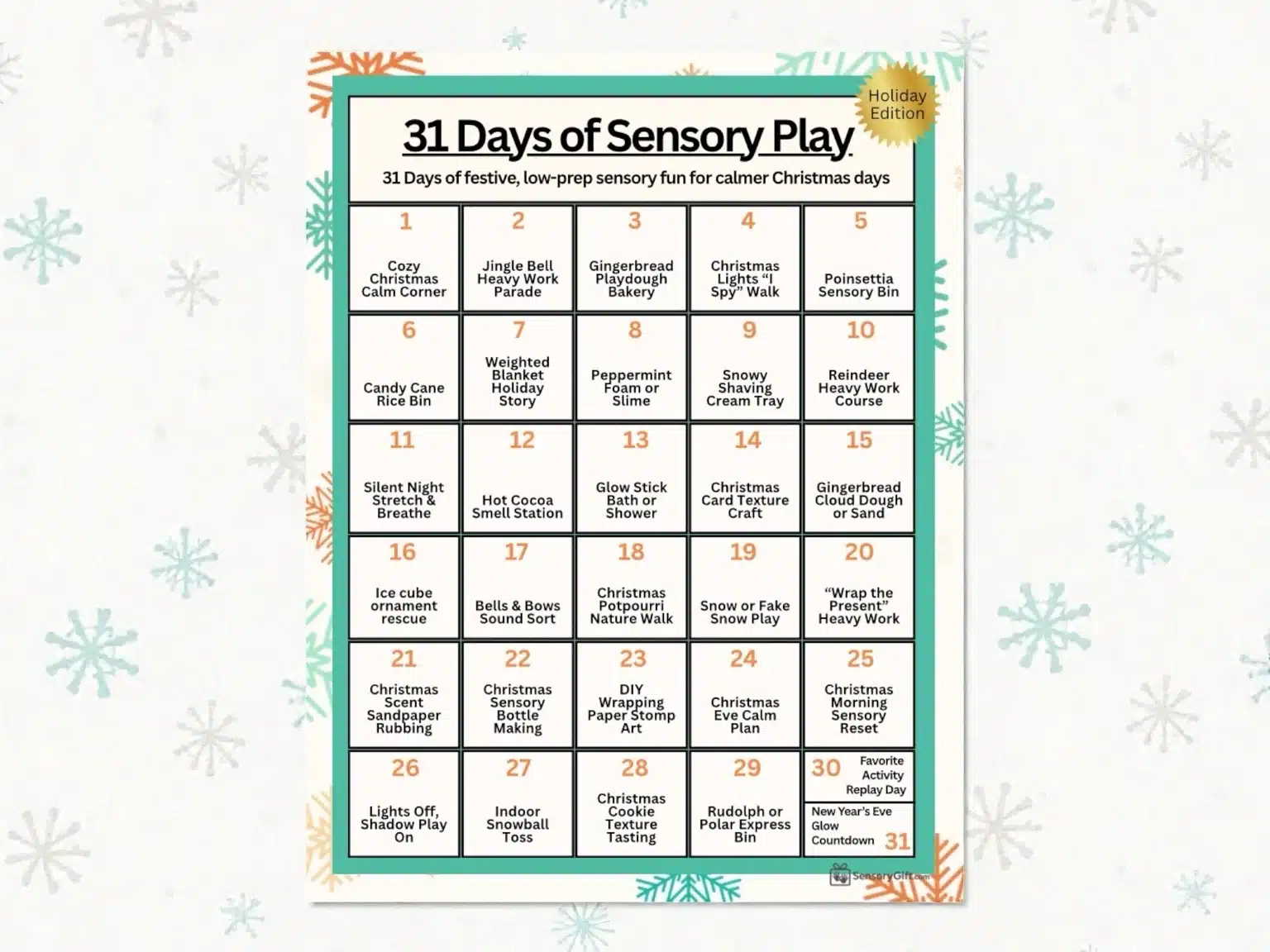 Preview of the 31 Days of Sensory Play Holiday Edition printable calendar