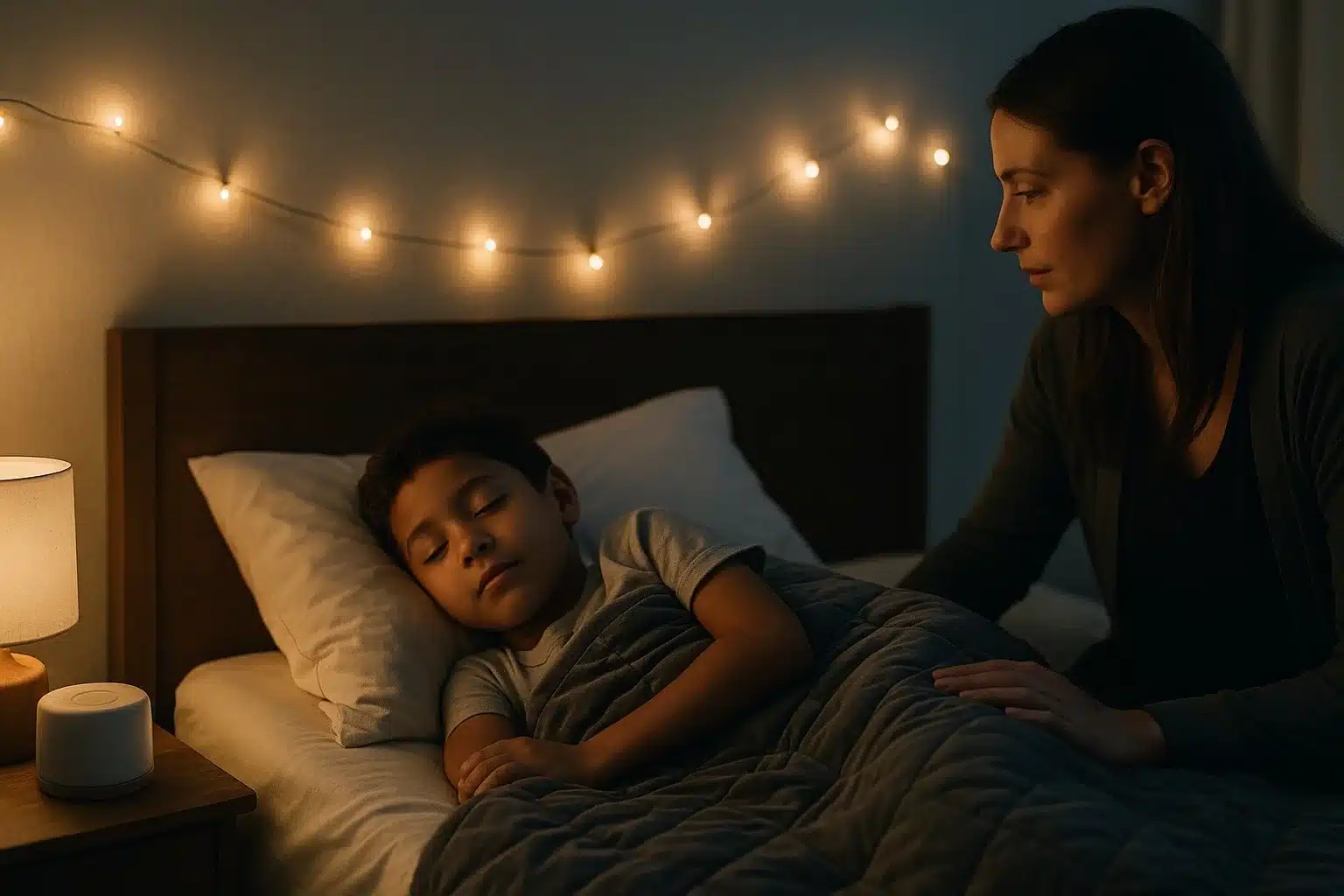 Sensory seeker bedtime support: deep pressure and calming sleep setup.