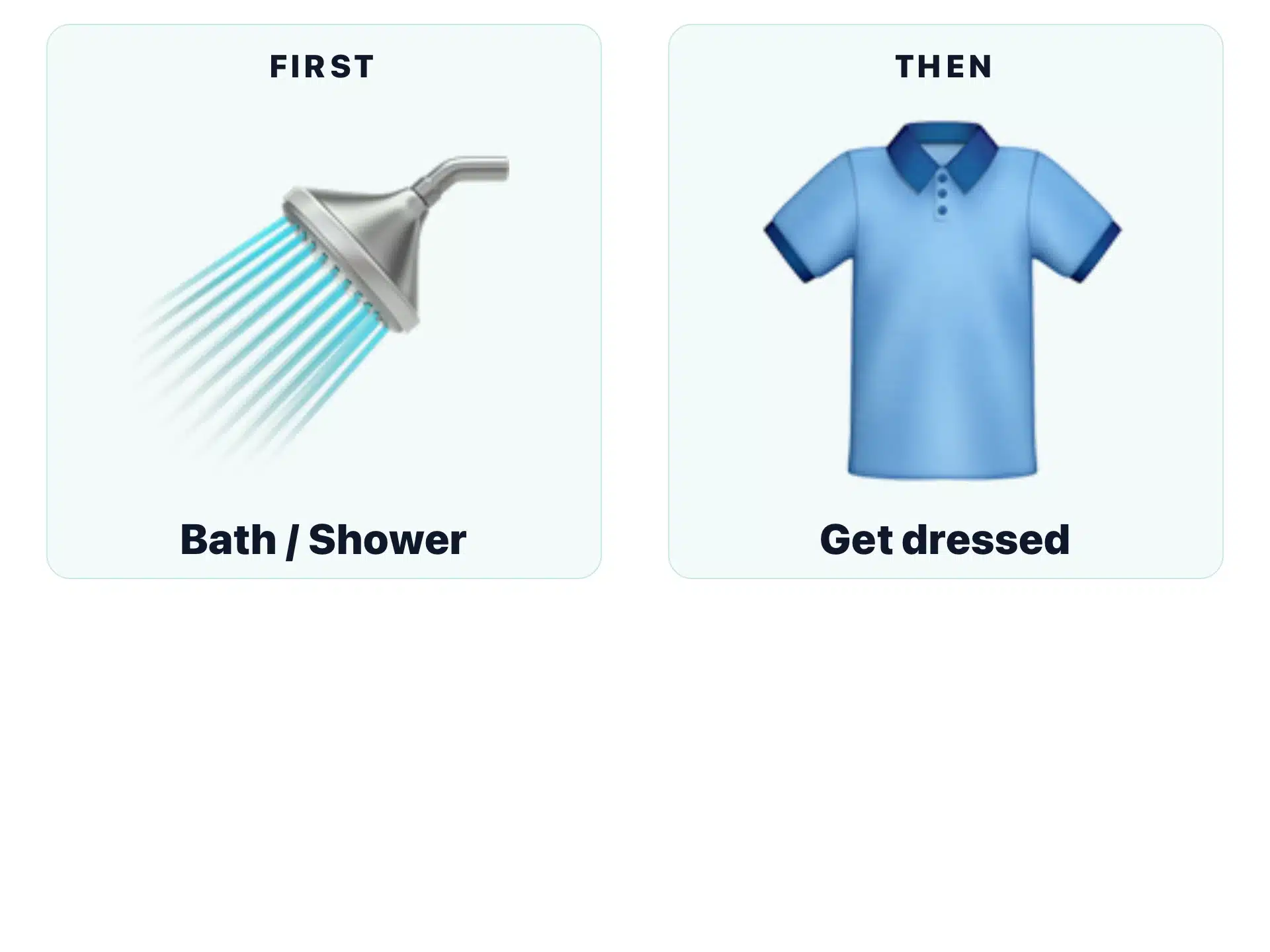 First–then board example: side-by-side layout with Bath/Shower then Get dressed