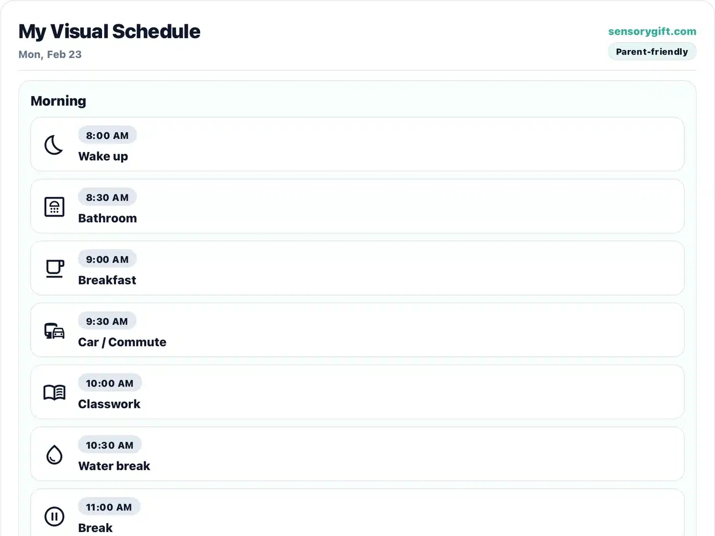 Example visual schedule in discreet mode with neutral styling.