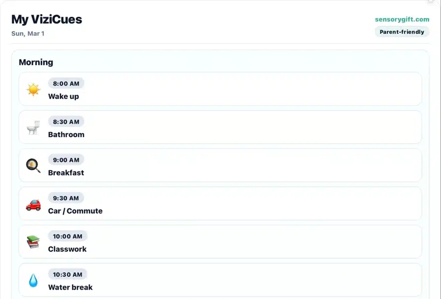 Preview of a morning visual schedule created in the ViziCues app