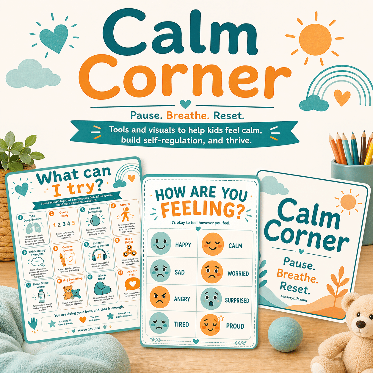 Preview image showing calm corner printables included on this page