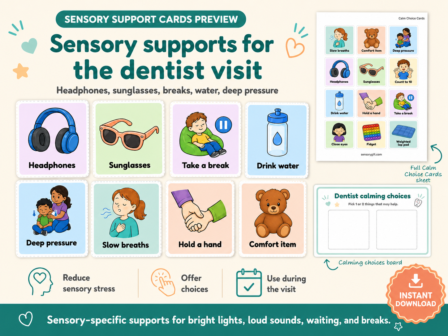 Sensory supports cards preview showing calming and support choice cards.