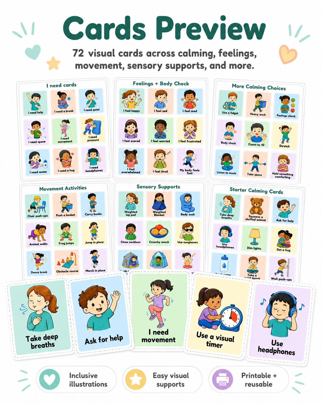 Preview of calming cards, regulation cards, feelings cards, and support request cards.