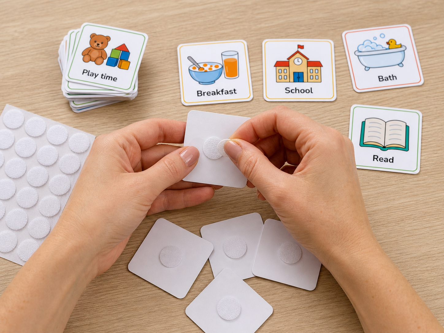 Hands adding Velcro dots to the backs of laminated visual schedule tiles