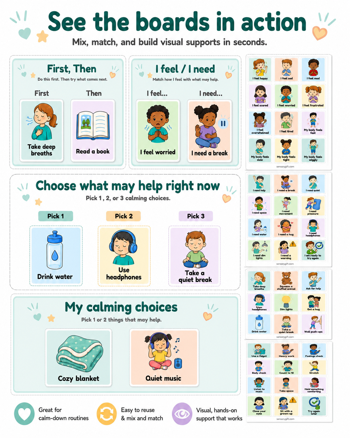 Reusable calming and regulation boards shown with cards placed on the boards.