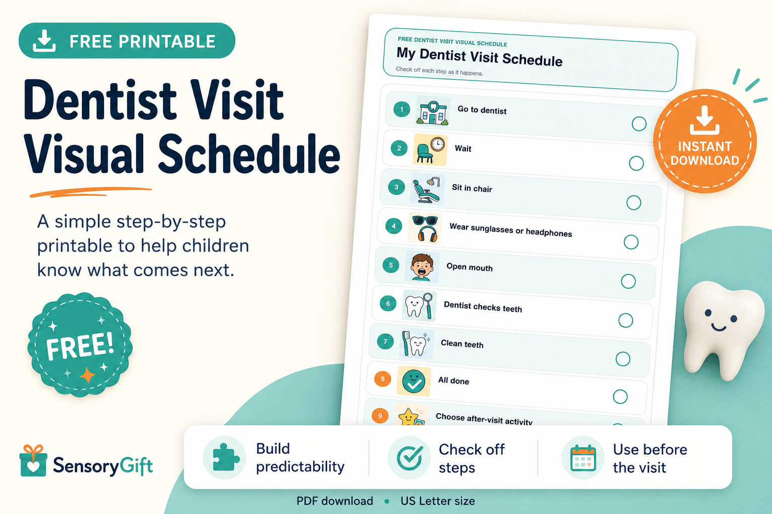 Free dentist visit visual schedule for kids with steps for going to the dentist, waiting, sitting in the chair, opening mouth, cleaning teeth, and all done.
