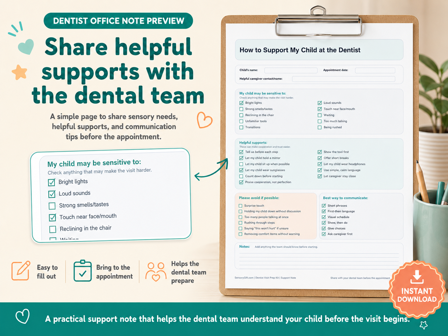 Dentist office support note preview for sharing sensory needs, helpful supports, and communication tips with the dental team.