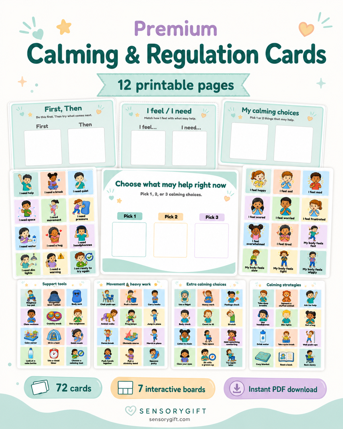 Examples of printable boards with calming and regulation cards placed on top.