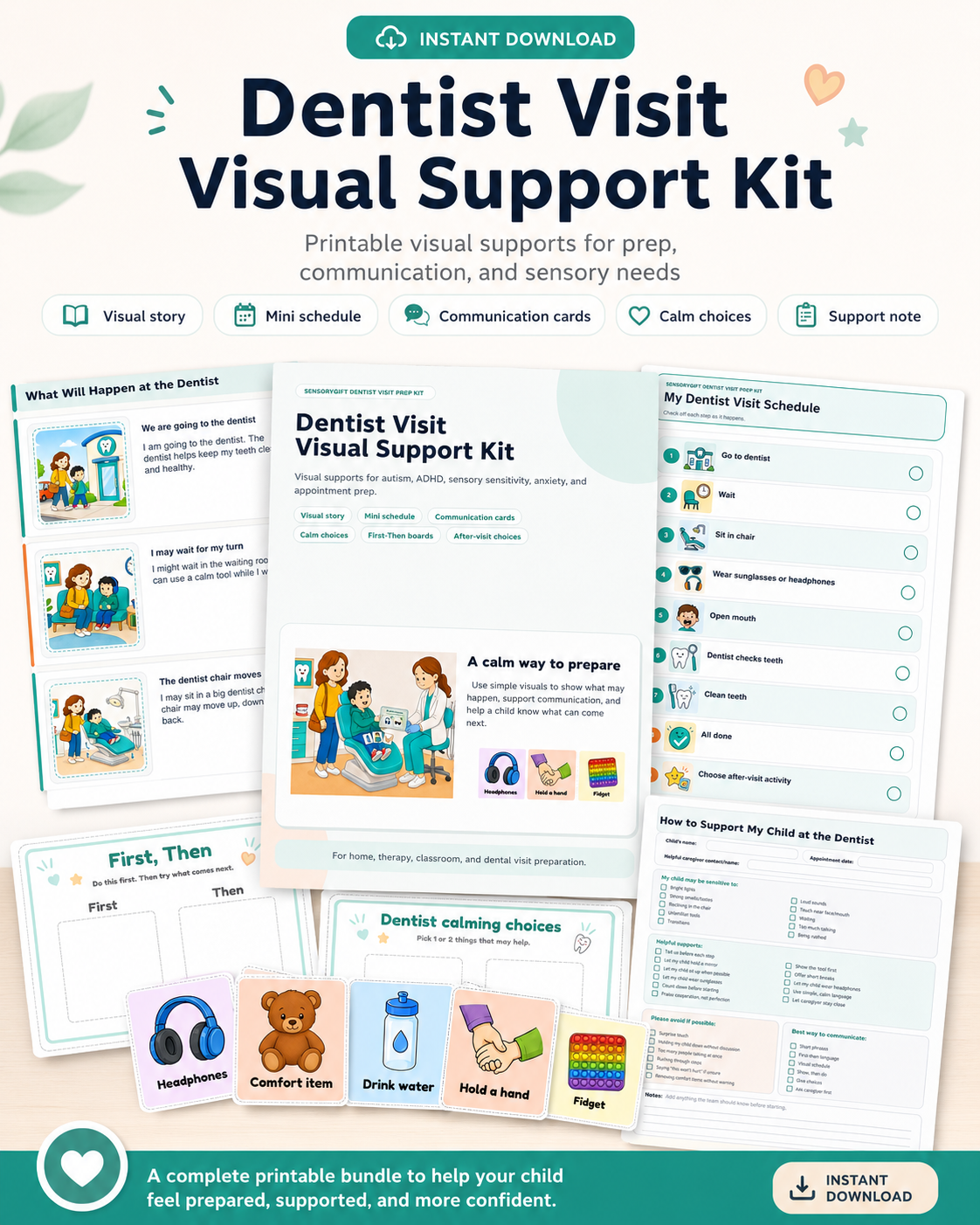 Full bundle preview of the Dentist Visit Visual Support Kit showing story pages, mini schedule, cards, boards, and support note.