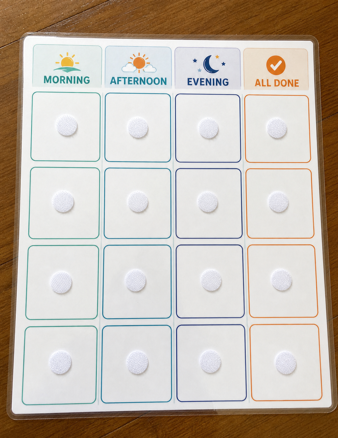 Laminated visual schedule board with Velcro dots attached to each tile space