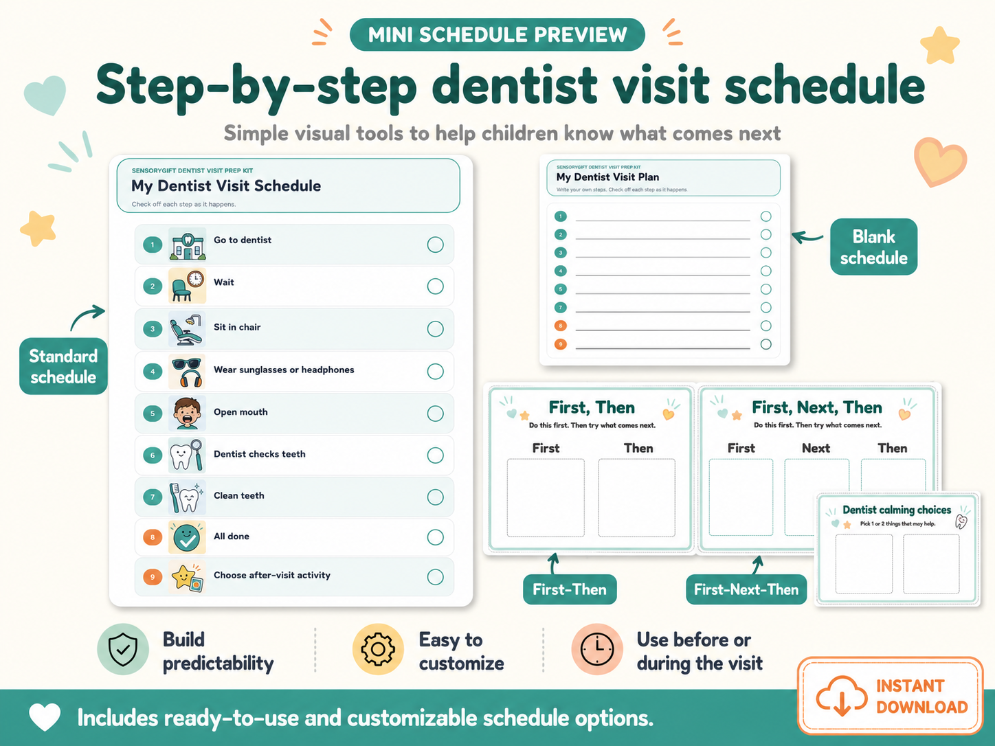 Schedules preview showing the dentist visit schedule pages and planning boards.