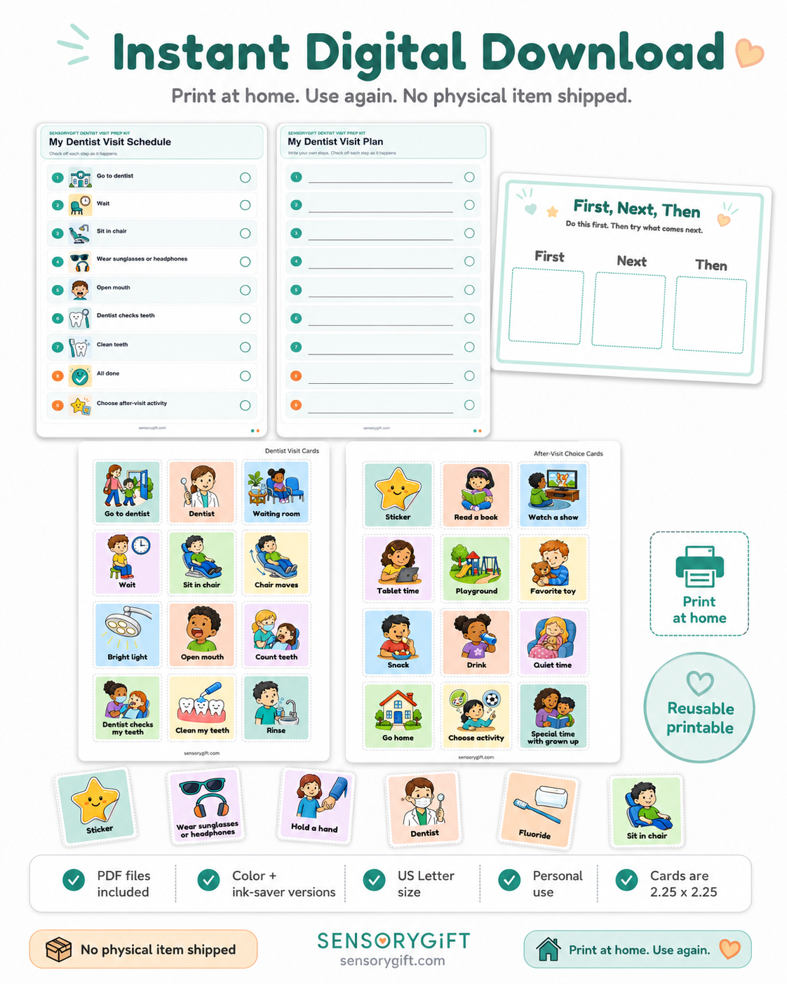 Instant digital download preview showing dentist visit schedule pages, First-Next-Then board, cards, and printable details.
