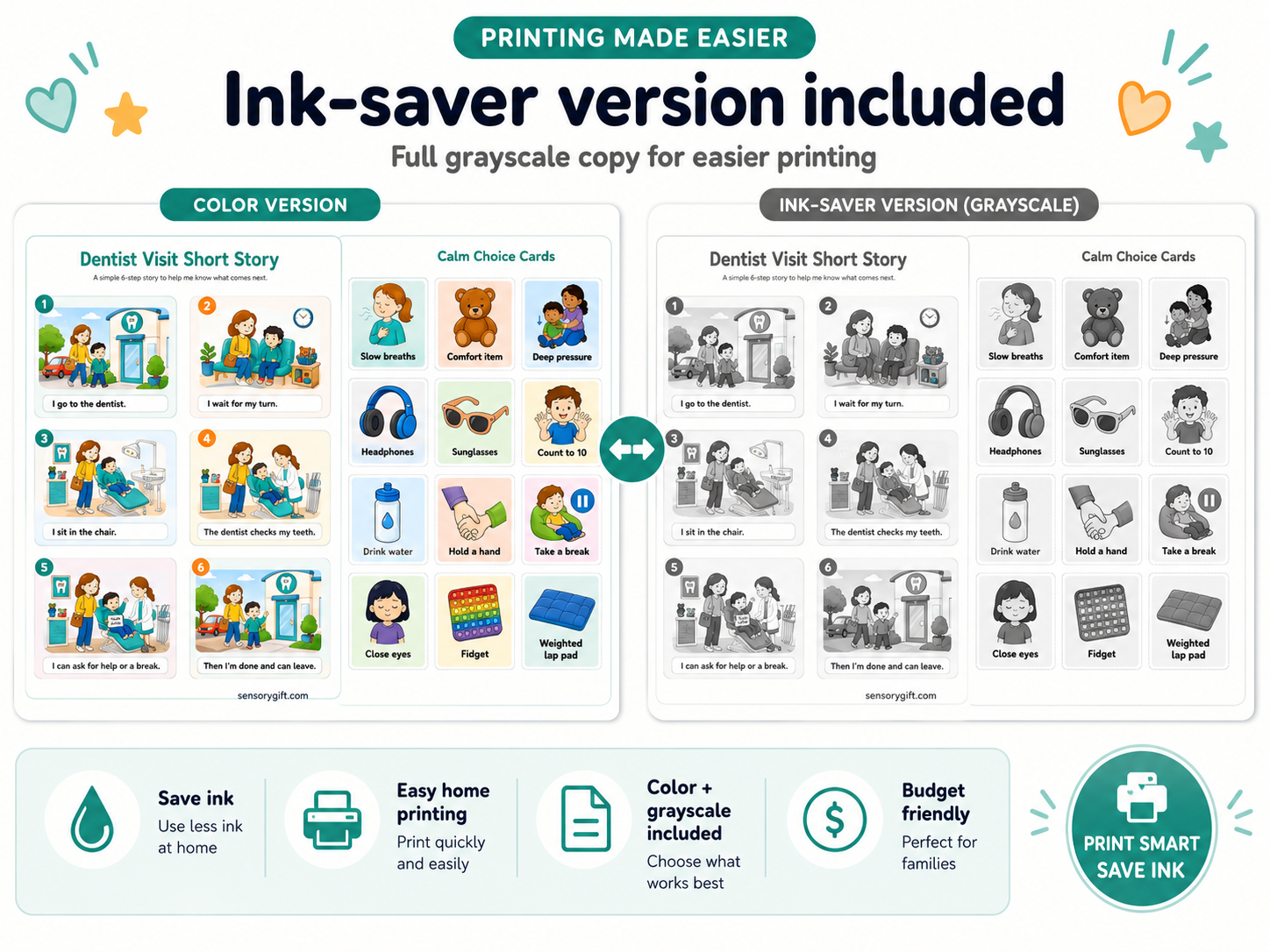 Color version and ink-saver grayscale version preview for easier printing.