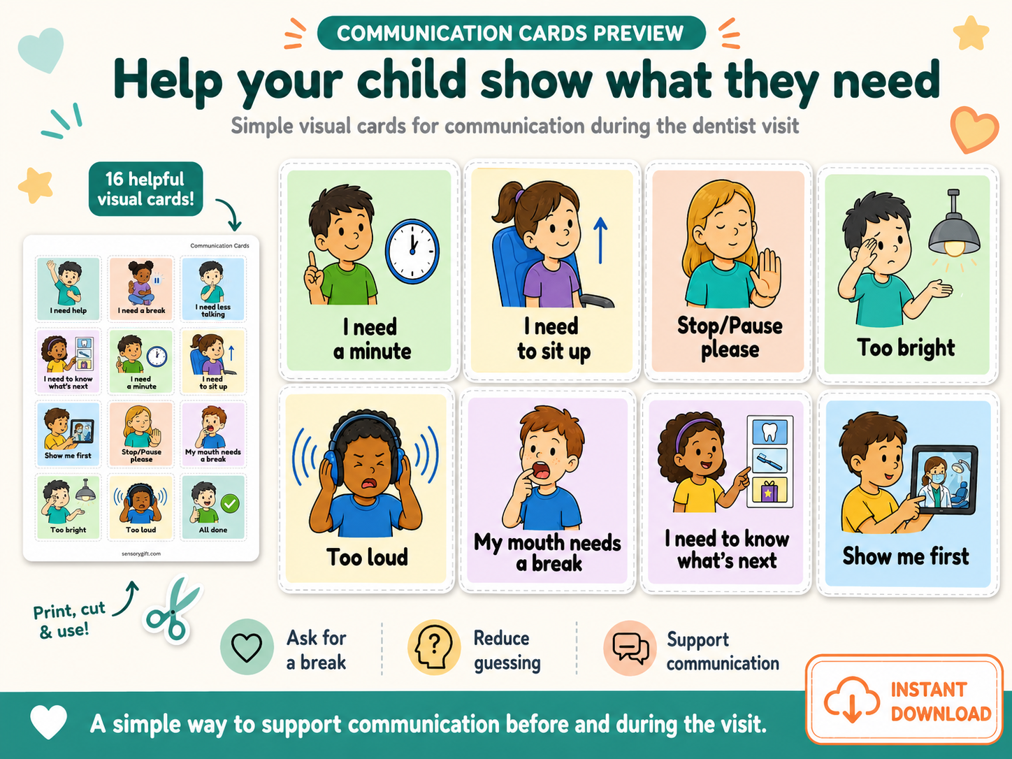 Communication cards preview showing request and self-advocacy cards for the dentist visit.