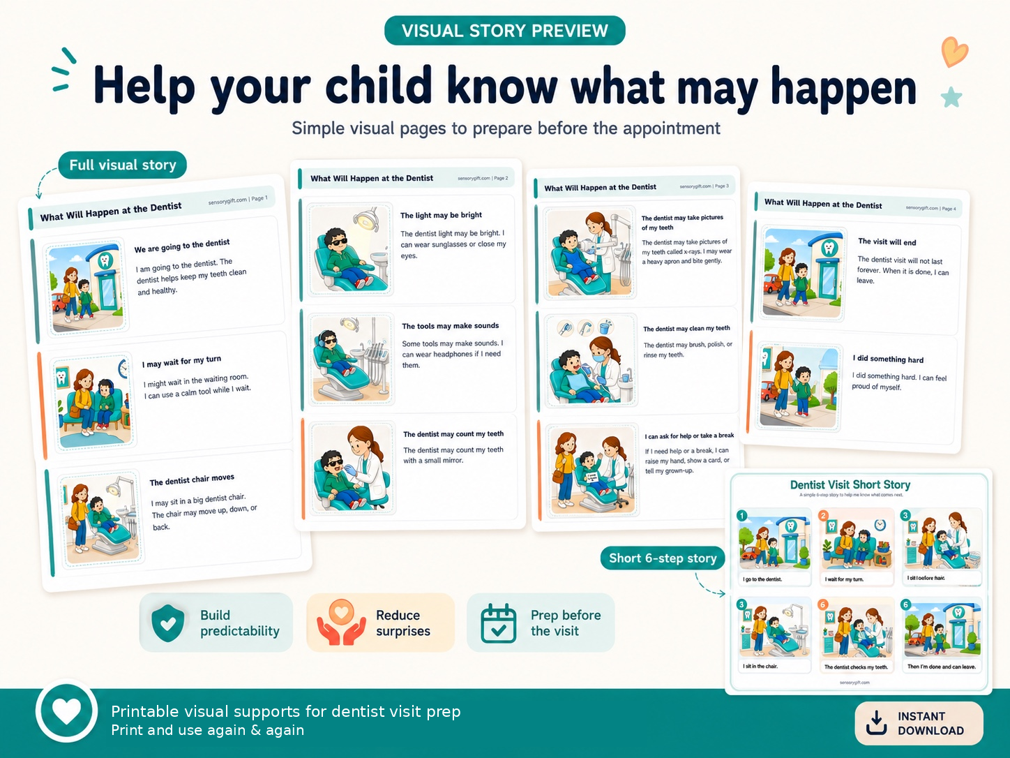 Visual story preview showing short dentist visit story panels.