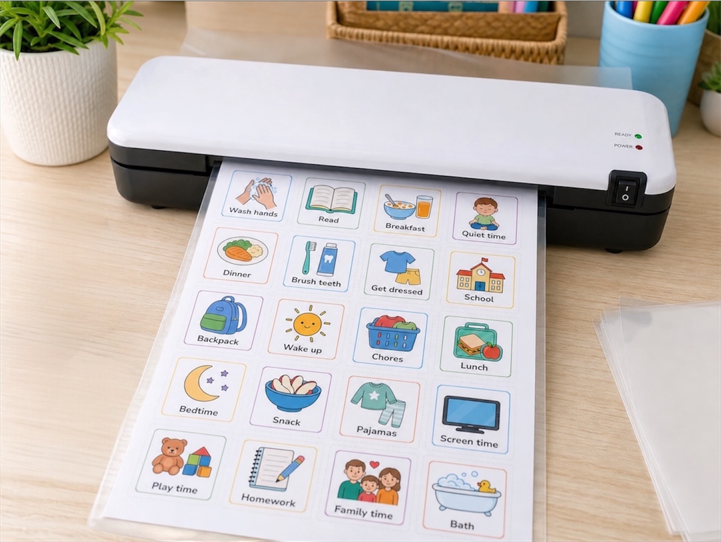 Laminator laminating a printed SensoryGift visual schedule page