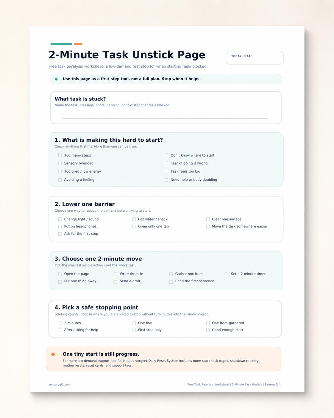 Preview of the free 2-Minute Task Unstick Page task paralysis worksheet