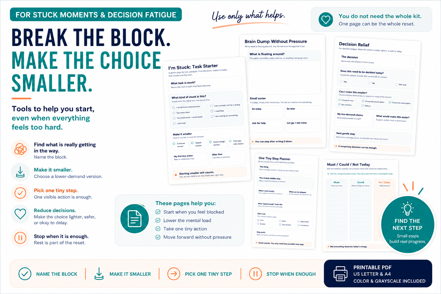Printable pages for stuck moments, task paralysis, and decision fatigue.