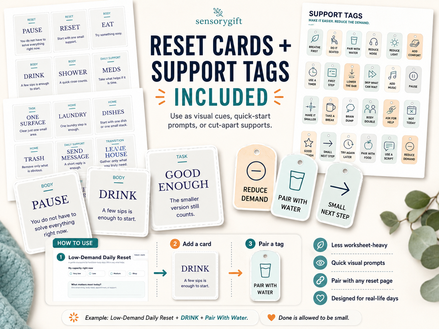 Reset cards and support tags included in the Neurodivergent Daily Reset System.