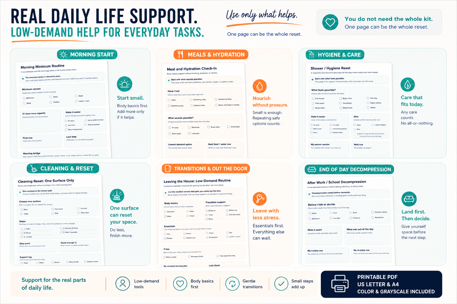 Low-demand daily life support printable pages for routines, transitions, hygiene, meals, appointments, and home tasks.