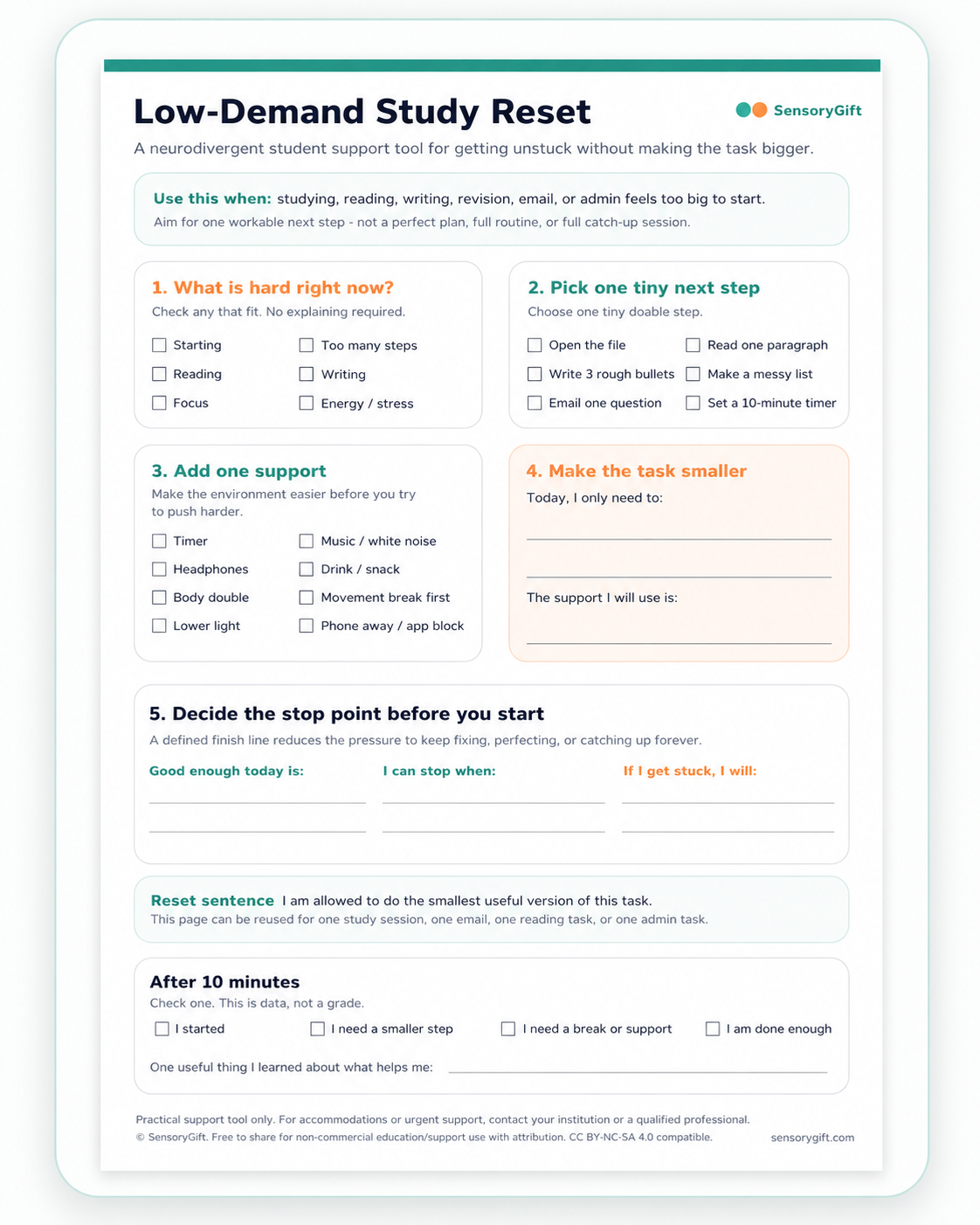 Preview of the Low-Demand Study Reset worksheet for neurodivergent students