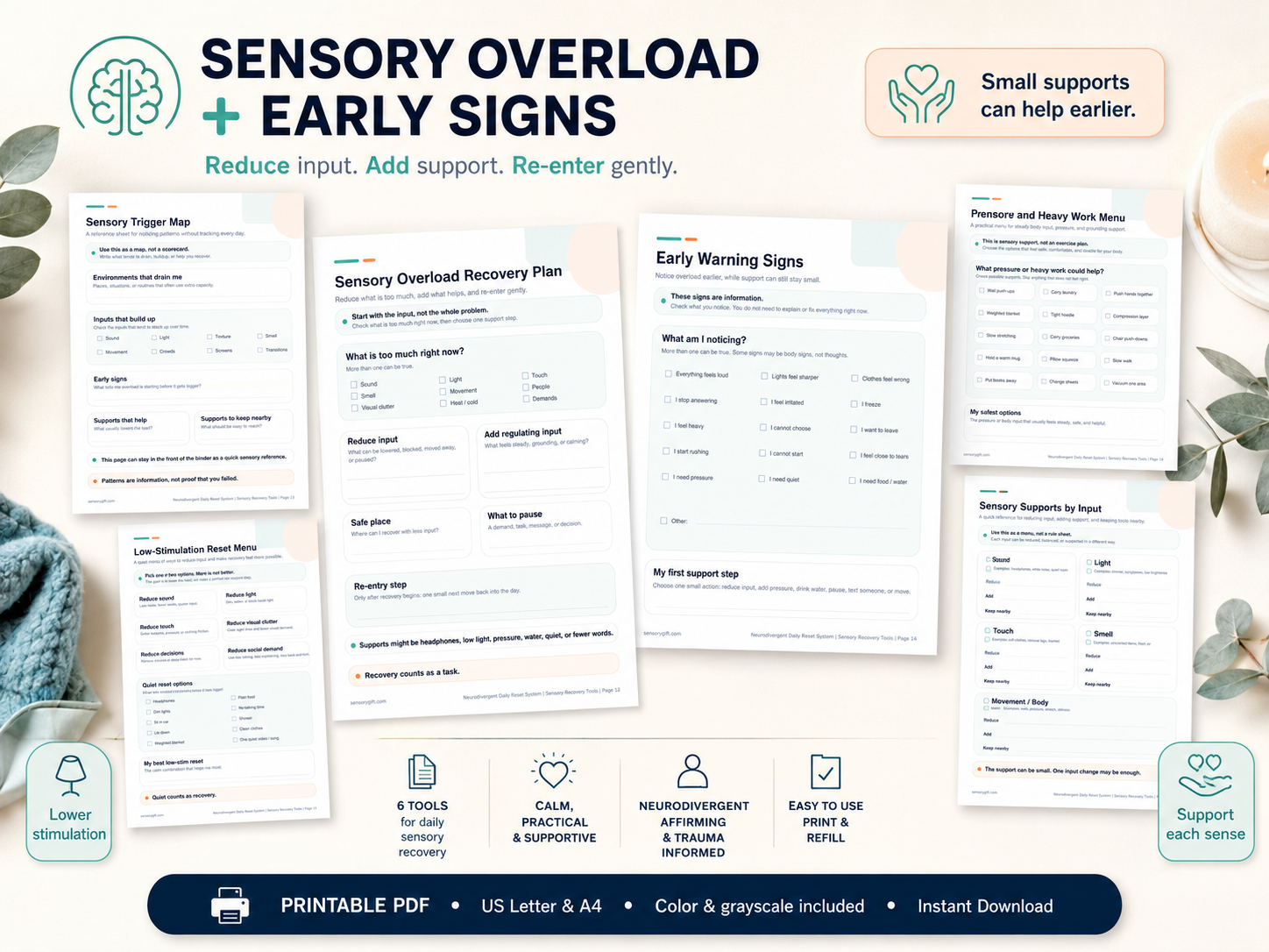 Sensory overload recovery and early warning signs printable pages.