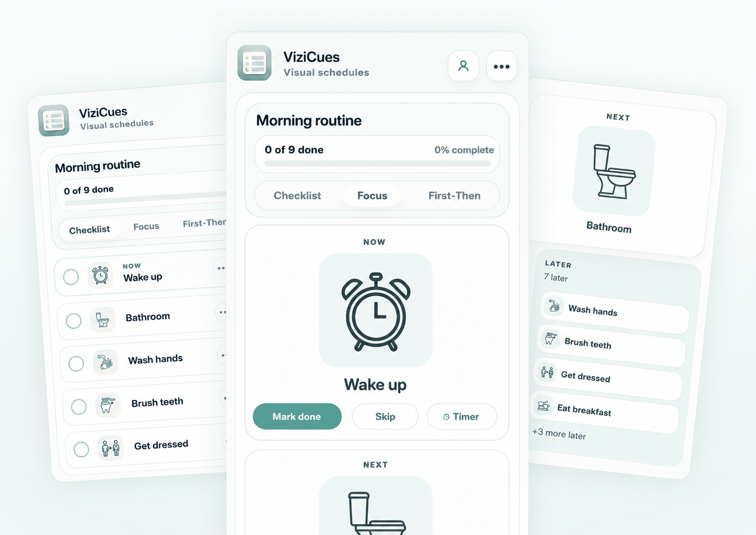 ViziCues visual schedule app showing a morning routine with checklist, focus, and next-step views.